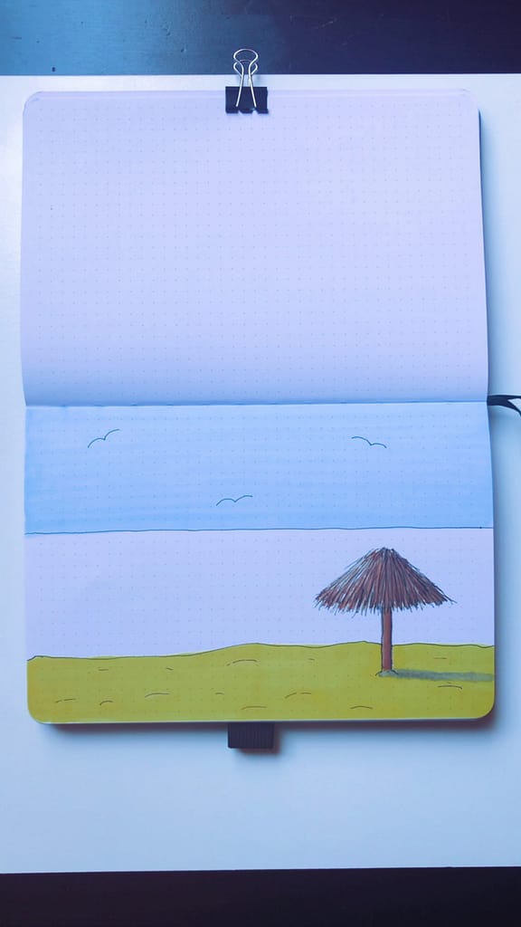 Step 1: Draw a simple beach, sea and sky