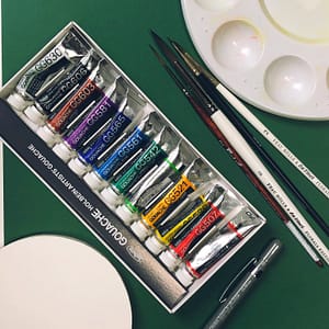 Supplies for the simple ladybug with gouache exercise