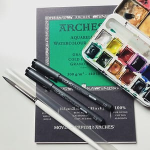 Supplies for the imaginative watercolor doodle exercise