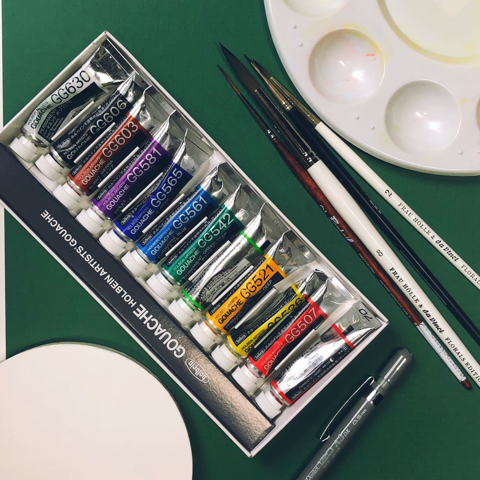 Supplies for the simple ladybug with gouache exercise