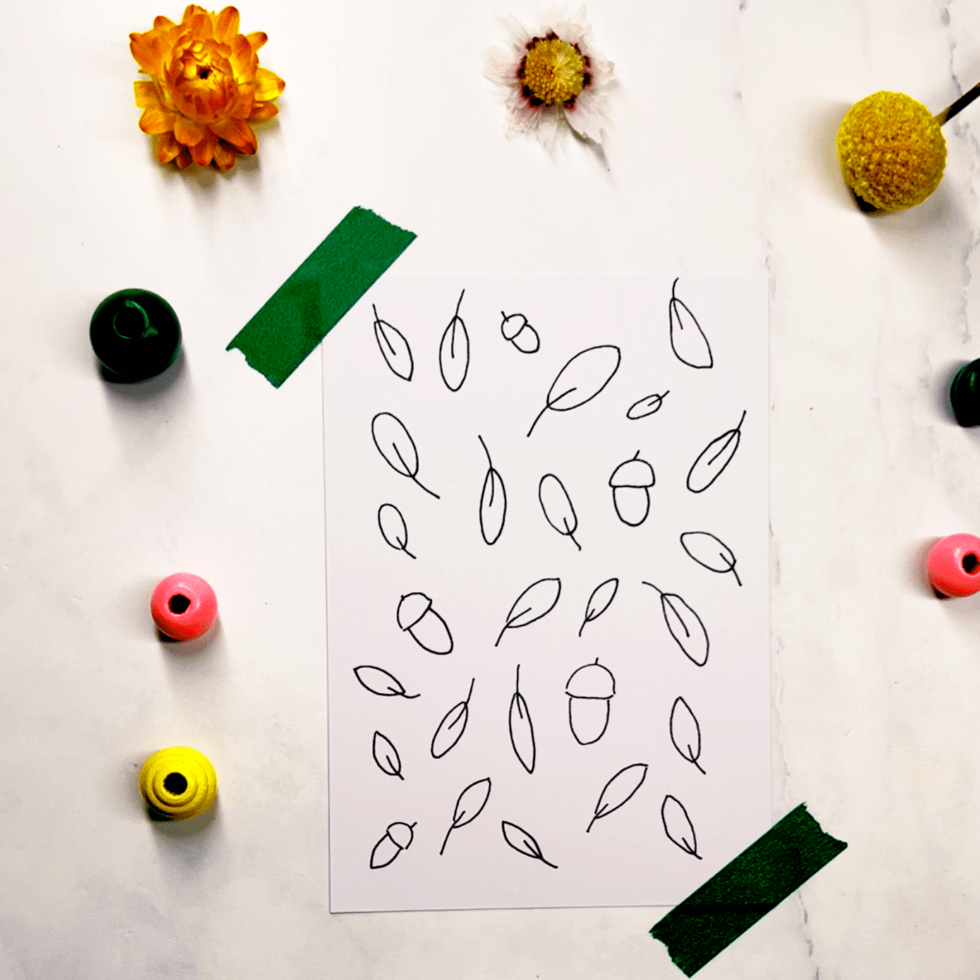 Step 1: Draw Simple Leaves and Acorns