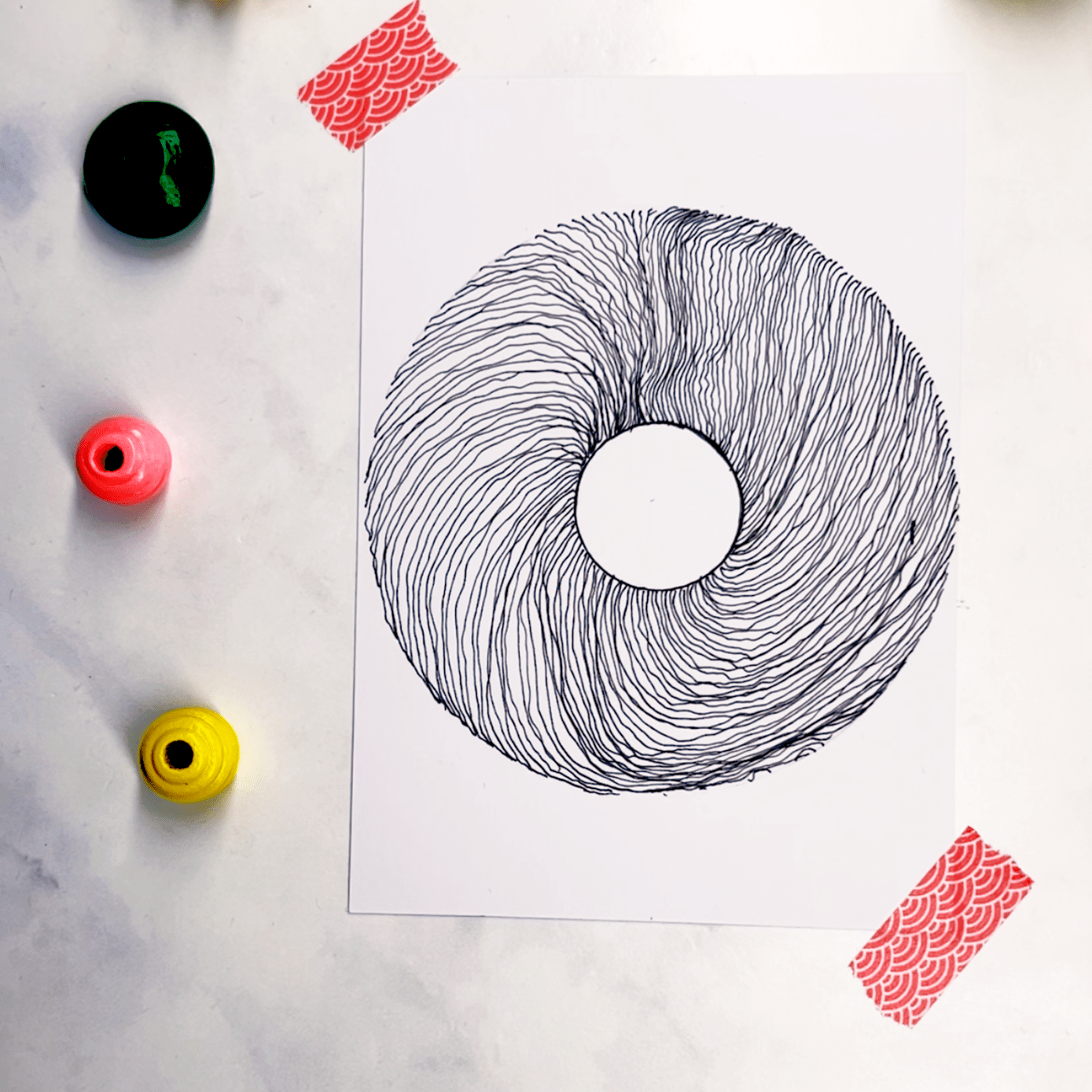 Step 2: Start from the inner circle and gently draw wavy lines outward toward the larger circle.